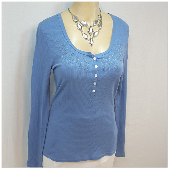 CALVIN KLEIN, Beaded Henley Top, size Large - Picture 2 of 8